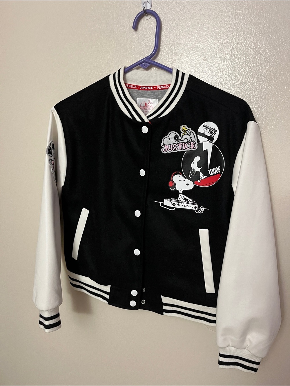 Justice Black and White Snoopy Varsity Jacket